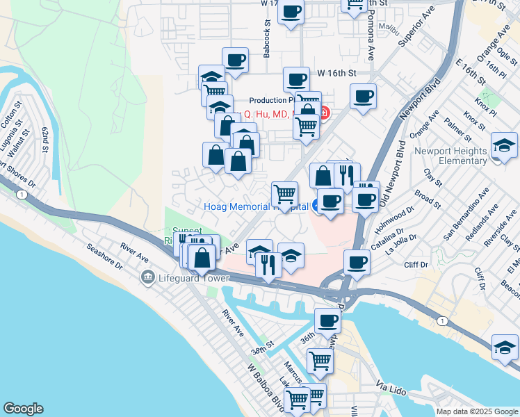 map of restaurants, bars, coffee shops, grocery stores, and more near 1401 Superior Avenue in Newport Beach