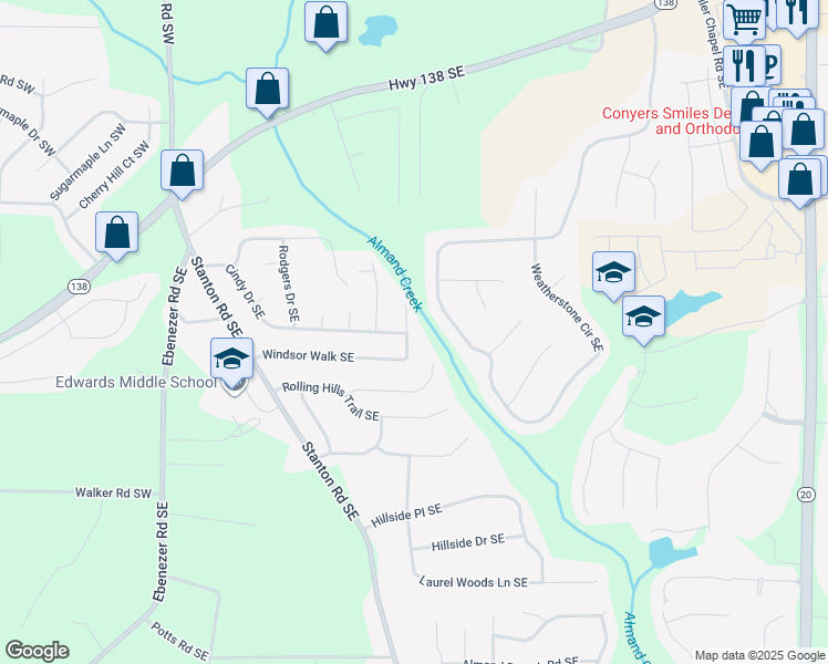 map of restaurants, bars, coffee shops, grocery stores, and more near 405 Stanton Ridge Way Southeast in Conyers