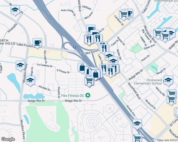 map of restaurants, bars, coffee shops, grocery stores, and more near 23175 Avenida De La Carlota in Laguna Hills