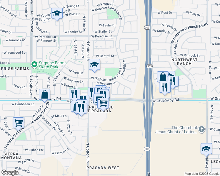 map of restaurants, bars, coffee shops, grocery stores, and more near 15428 North 169th Avenue in Surprise