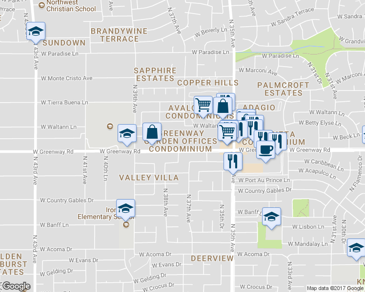 map of restaurants, bars, coffee shops, grocery stores, and more near 3710 W Greenway Rd in Phoenix