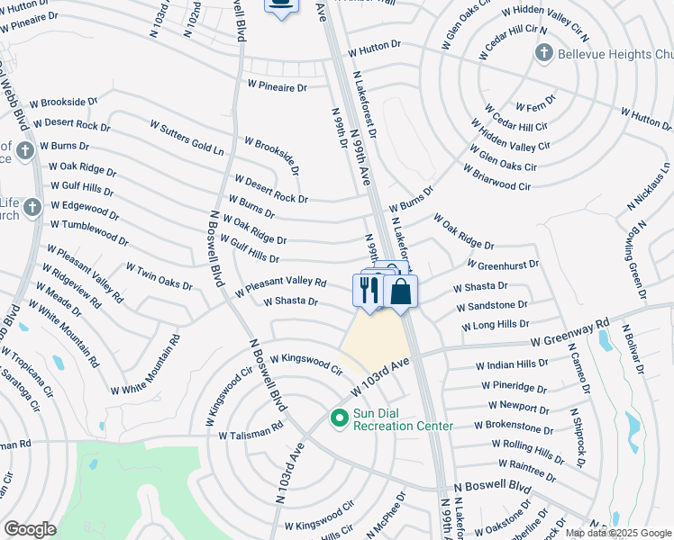 map of restaurants, bars, coffee shops, grocery stores, and more near 9941 West Gulf Hills Drive in Sun City
