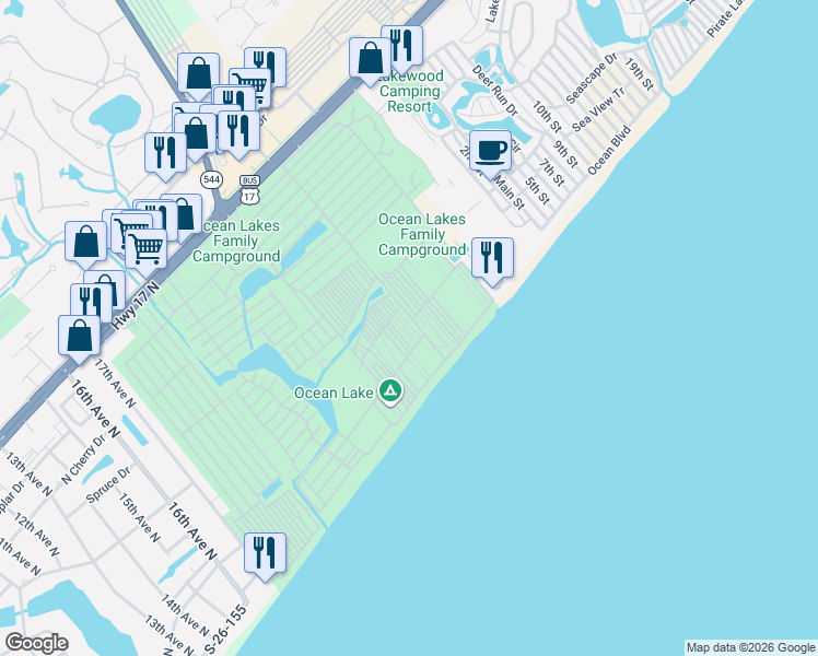 map of restaurants, bars, coffee shops, grocery stores, and more near L-23 North Sand Dune Drive in Horry County