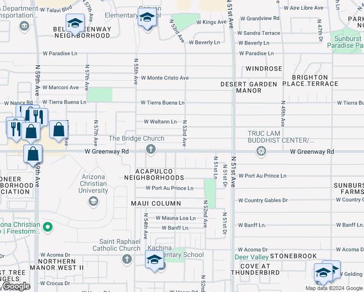 map of restaurants, bars, coffee shops, grocery stores, and more near 5302 West Greenway Road in Glendale