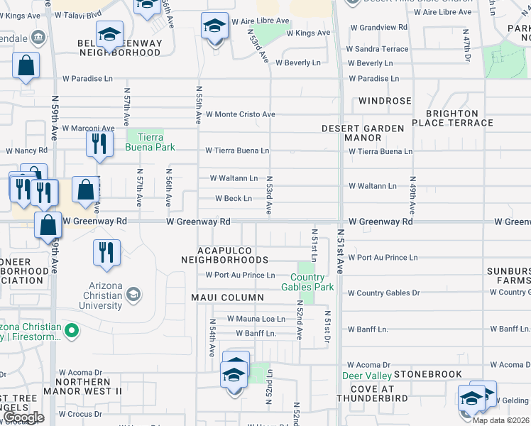 map of restaurants, bars, coffee shops, grocery stores, and more near 5302 West Greenway Road in Glendale