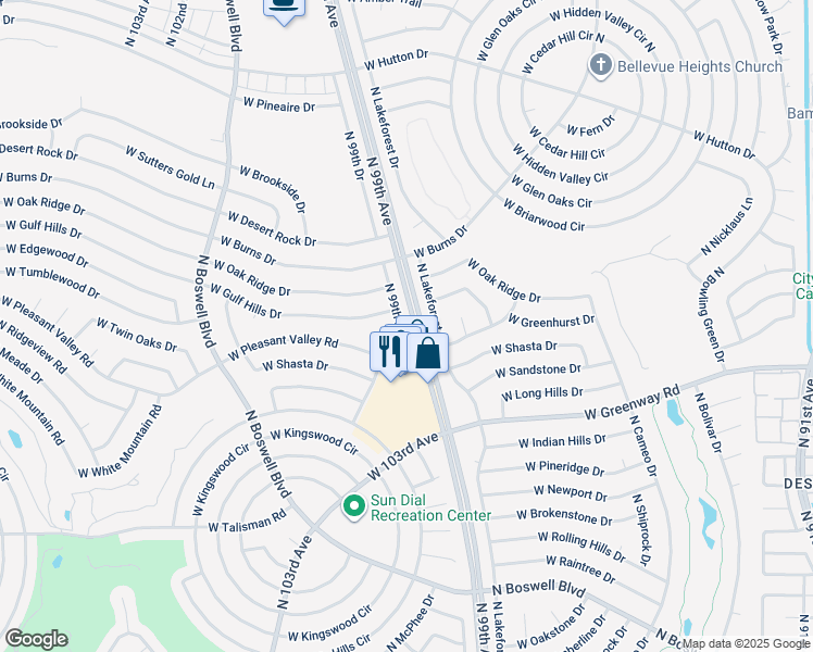 map of restaurants, bars, coffee shops, grocery stores, and more near 15601 North 99th Drive in Sun City