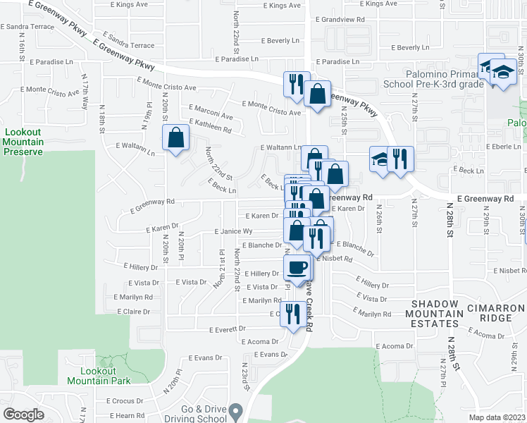 map of restaurants, bars, coffee shops, grocery stores, and more near 2238 East Karen Drive in Phoenix