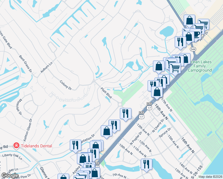 map of restaurants, bars, coffee shops, grocery stores, and more near 120 Pacific Commons Drive in Myrtle Beach