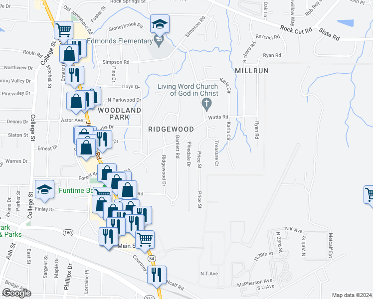 map of restaurants, bars, coffee shops, grocery stores, and more near 4733 Pinedale Drive in Forest Park