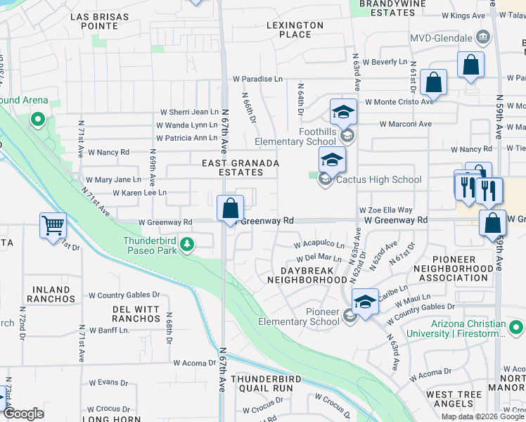 map of restaurants, bars, coffee shops, grocery stores, and more near 6618 West Zoe Ella Way in Glendale