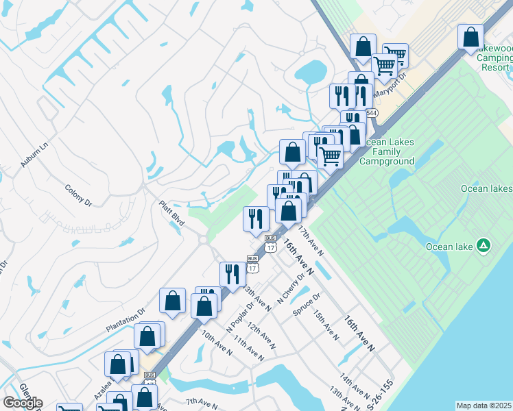map of restaurants, bars, coffee shops, grocery stores, and more near 1616 Azalea Drive in Surfside Beach