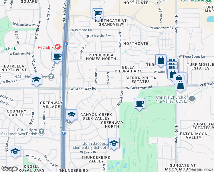 map of restaurants, bars, coffee shops, grocery stores, and more near 2345 West Beck Lane in Phoenix