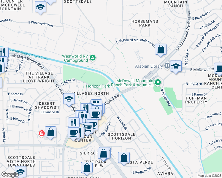 map of restaurants, bars, coffee shops, grocery stores, and more near 15225 North 100th Street in Scottsdale