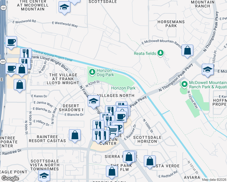 map of restaurants, bars, coffee shops, grocery stores, and more near North Apartment in Scottsdale
