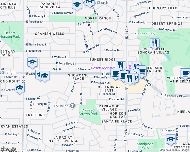 map of restaurants, bars, coffee shops, grocery stores, and more near 6160 East Karen Drive in Scottsdale