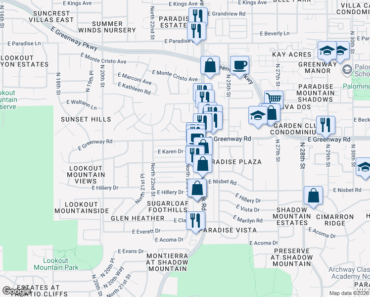 map of restaurants, bars, coffee shops, grocery stores, and more near 15235 North 23rd Place in Phoenix