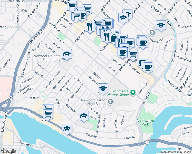 map of restaurants, bars, coffee shops, grocery stores, and more near 2408 Margaret Drive in Newport Beach