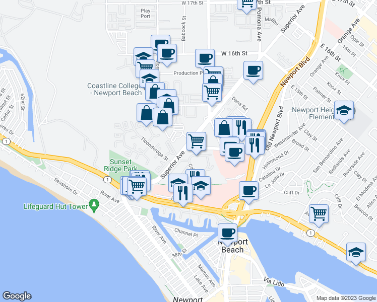 map of restaurants, bars, coffee shops, grocery stores, and more near 300 Cagney Lane in Newport Beach