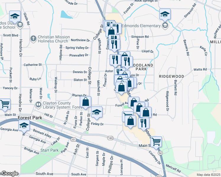 map of restaurants, bars, coffee shops, grocery stores, and more near 4685 Courtney Drive in Forest Park