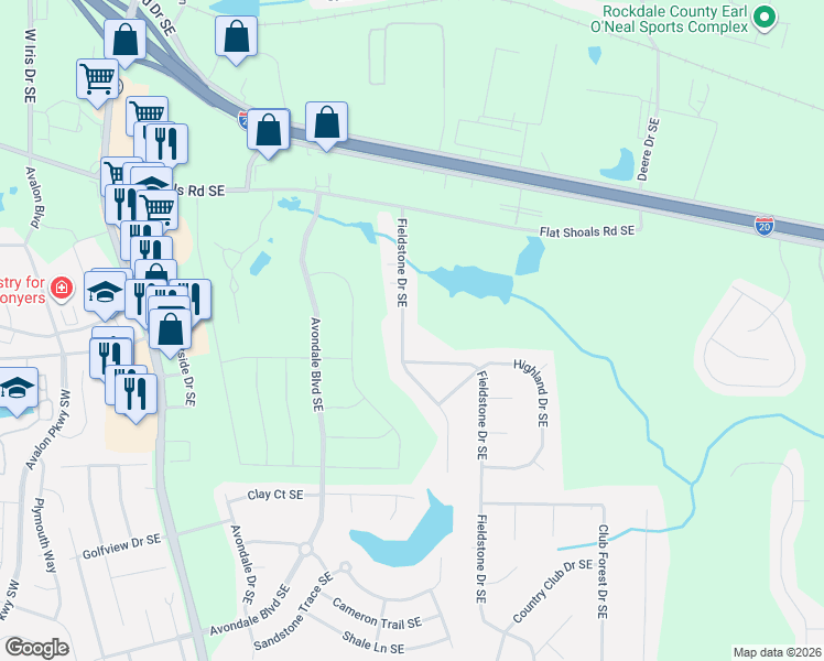 map of restaurants, bars, coffee shops, grocery stores, and more near 2421 Fieldstone Drive Southeast in Conyers