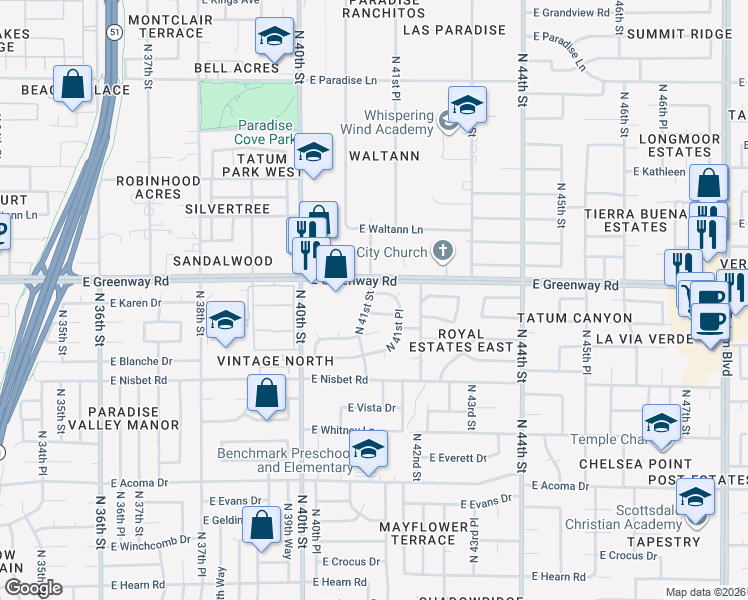 map of restaurants, bars, coffee shops, grocery stores, and more near 4101 East Karen Drive in Phoenix