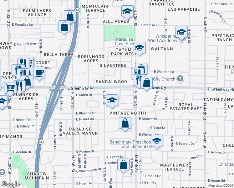 map of restaurants, bars, coffee shops, grocery stores, and more near 3801 East Greenway Road in Phoenix
