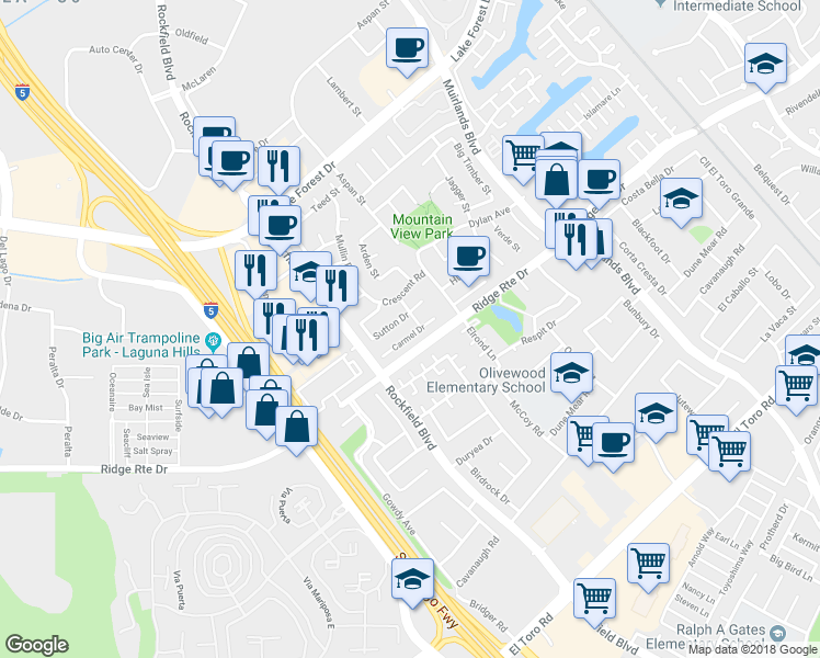 map of restaurants, bars, coffee shops, grocery stores, and more near 24021 Carmel Drive in Lake Forest