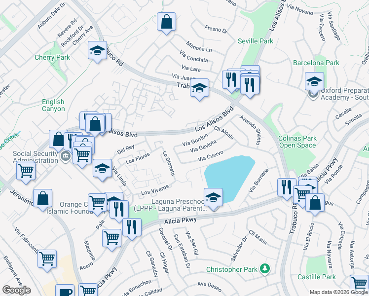 map of restaurants, bars, coffee shops, grocery stores, and more near 26391 Vía Gaviota in Mission Viejo