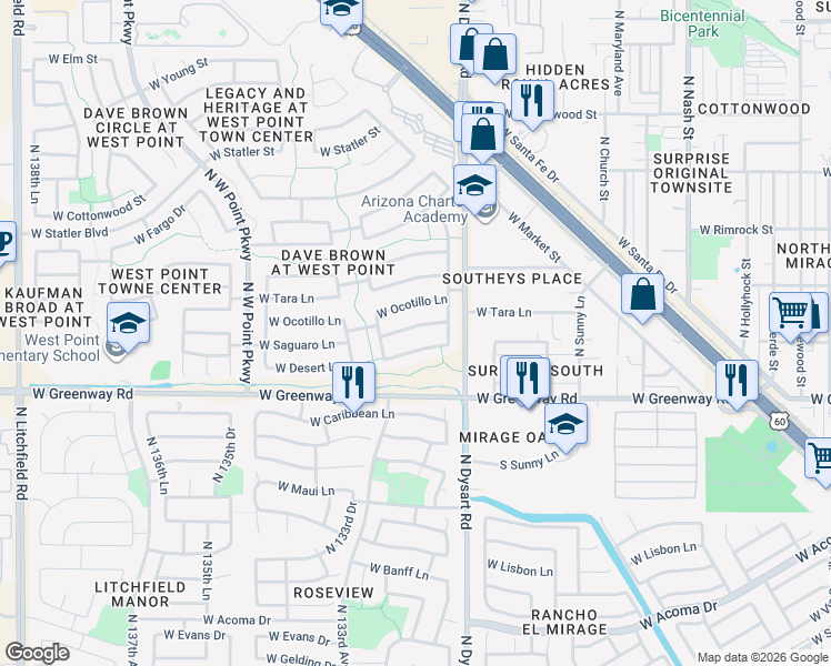 map of restaurants, bars, coffee shops, grocery stores, and more near 13187 West Saguaro Lane in Surprise