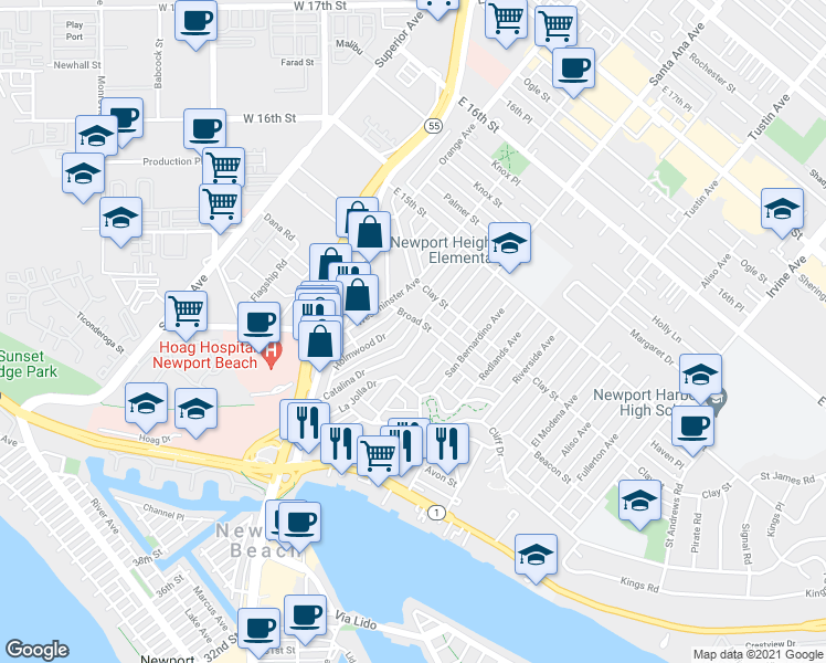 map of restaurants, bars, coffee shops, grocery stores, and more near 439 Catalina Drive in Newport Beach