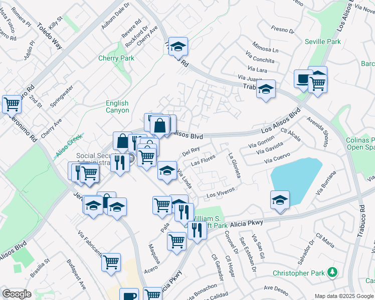 map of restaurants, bars, coffee shops, grocery stores, and more near 26081a Del Rey in Mission Viejo
