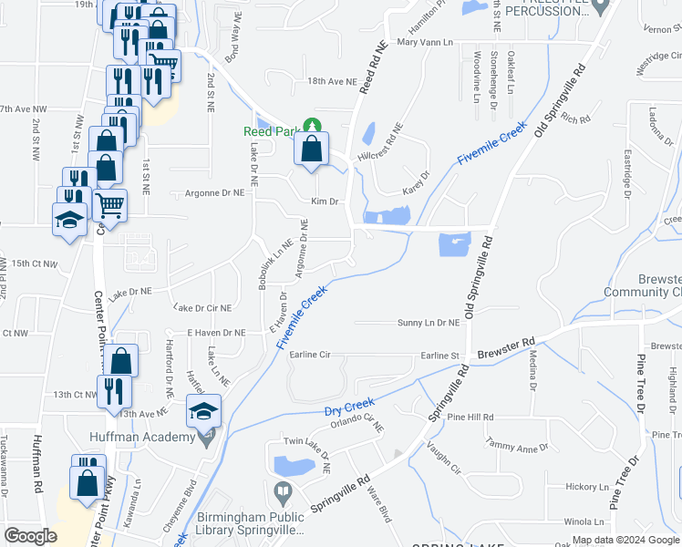 map of restaurants, bars, coffee shops, grocery stores, and more near 404 Angora Drive Northeast in Center Point