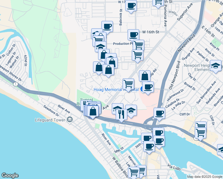 map of restaurants, bars, coffee shops, grocery stores, and more near 28 Seascape Drive in Newport Beach