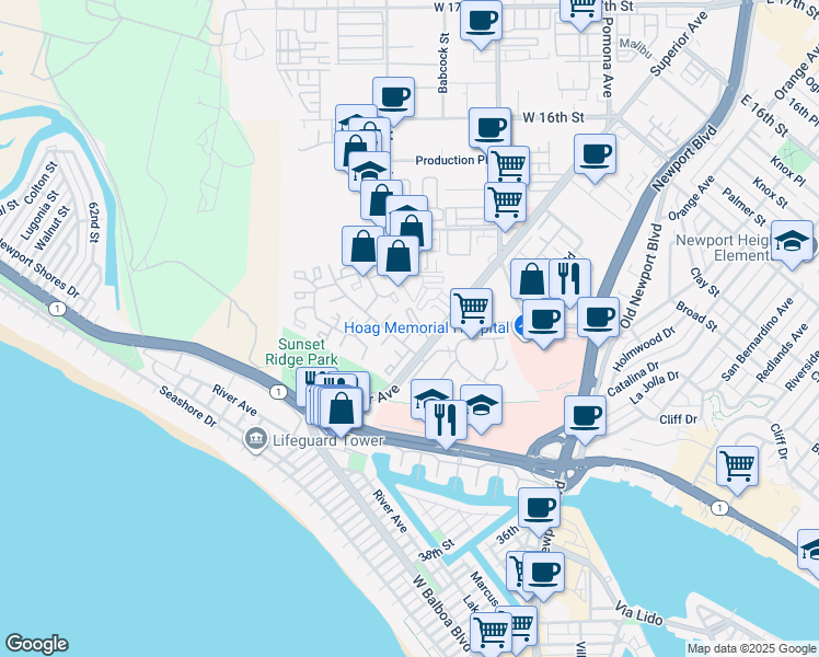 map of restaurants, bars, coffee shops, grocery stores, and more near 14 Seascape Drive in Newport Beach