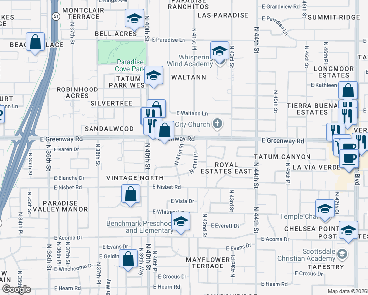 map of restaurants, bars, coffee shops, grocery stores, and more near 4101 East Karen Drive in Phoenix