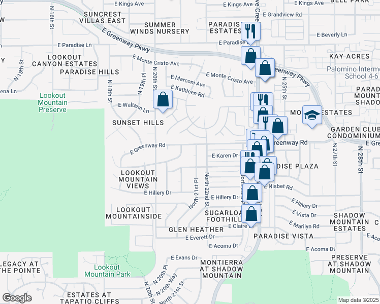 map of restaurants, bars, coffee shops, grocery stores, and more near 2118 East Karen Drive in Phoenix