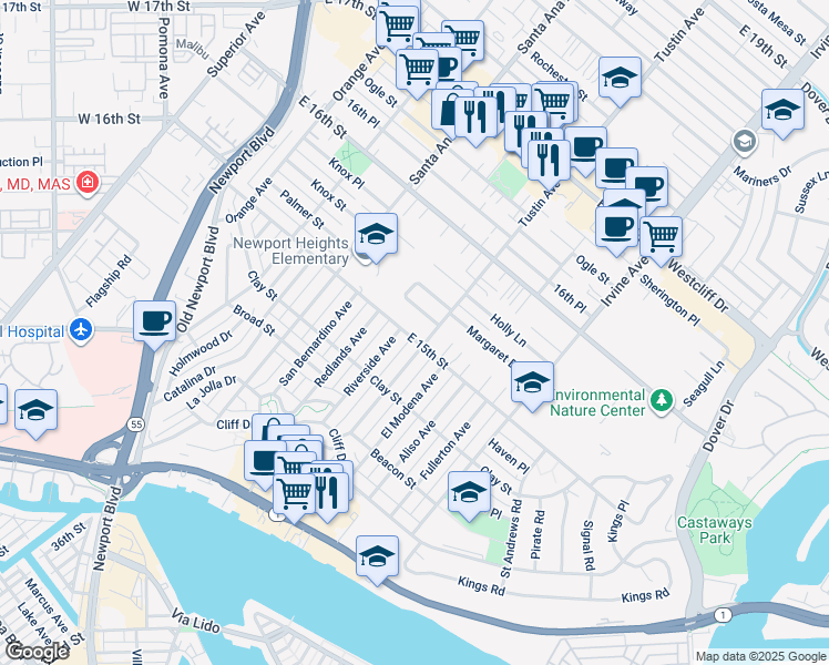 map of restaurants, bars, coffee shops, grocery stores, and more near 392 East 15th Street in Costa Mesa