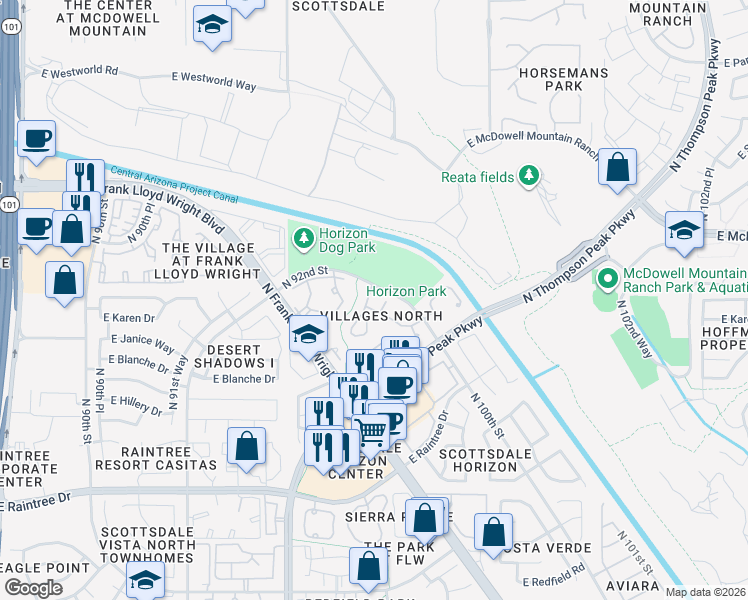map of restaurants, bars, coffee shops, grocery stores, and more near North Apartment in Scottsdale