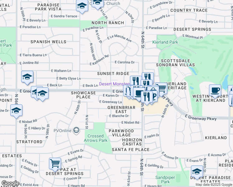 map of restaurants, bars, coffee shops, grocery stores, and more near 6216 East Karen Drive in Scottsdale