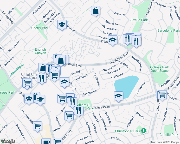 map of restaurants, bars, coffee shops, grocery stores, and more near 23221 La Glorieta in Mission Viejo