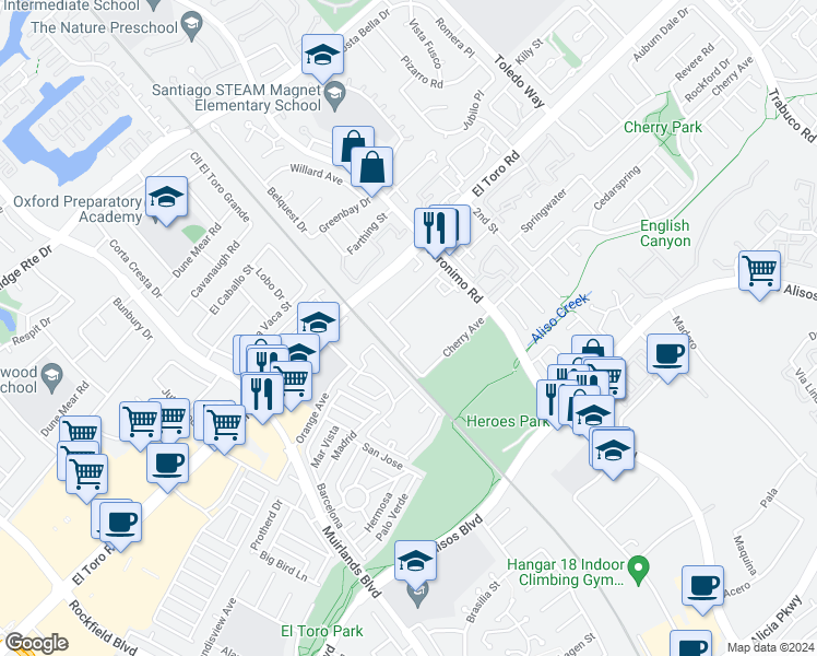 map of restaurants, bars, coffee shops, grocery stores, and more near 25101 Front Street in Lake Forest