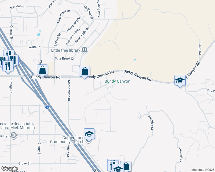 map of restaurants, bars, coffee shops, grocery stores, and more near 22783 Valley Vista Circle in Wildomar