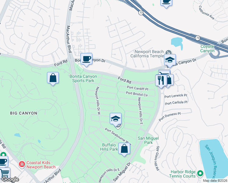 map of restaurants, bars, coffee shops, grocery stores, and more near 1860 Port Margate Place in Newport Beach