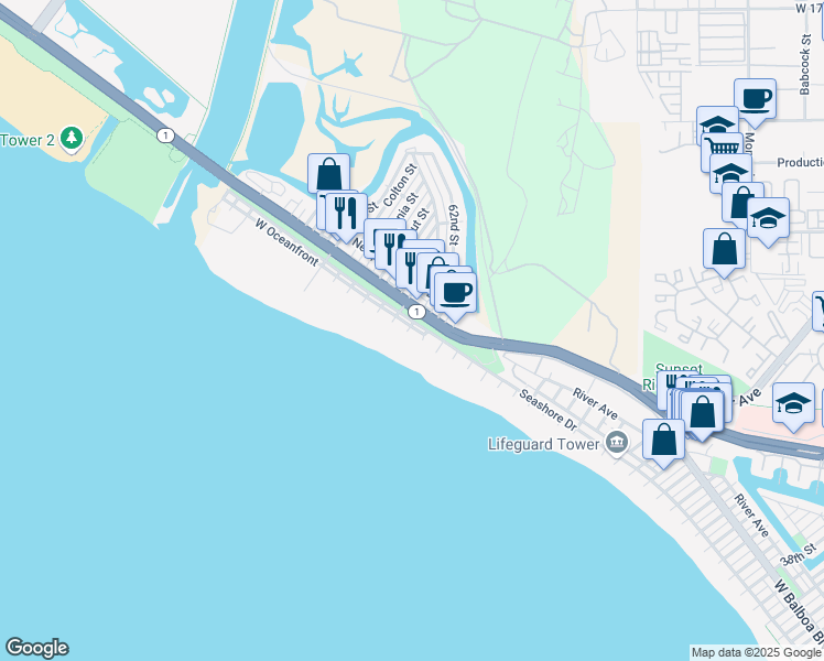 map of restaurants, bars, coffee shops, grocery stores, and more near 6110 West Oceanfront in Newport Beach