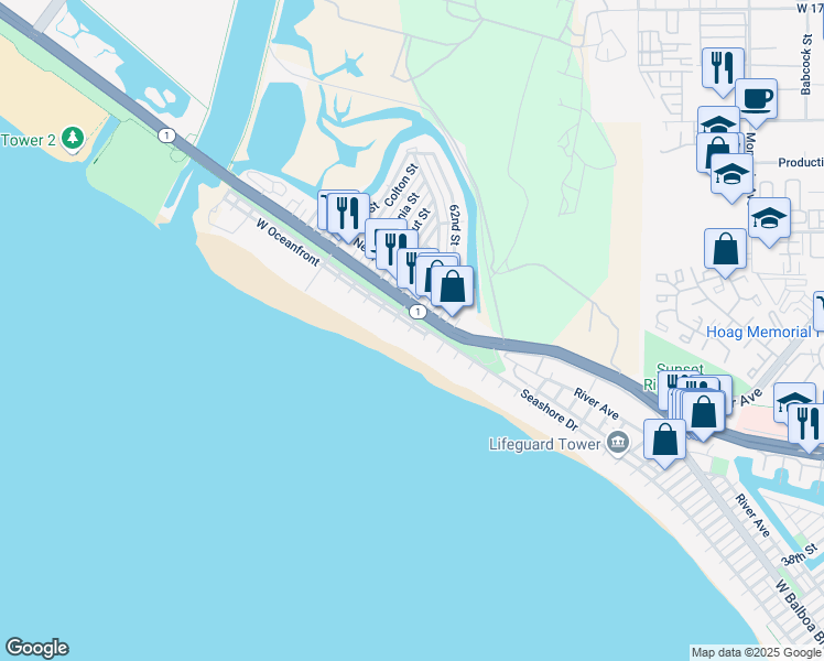map of restaurants, bars, coffee shops, grocery stores, and more near 6110 West Oceanfront in Newport Beach