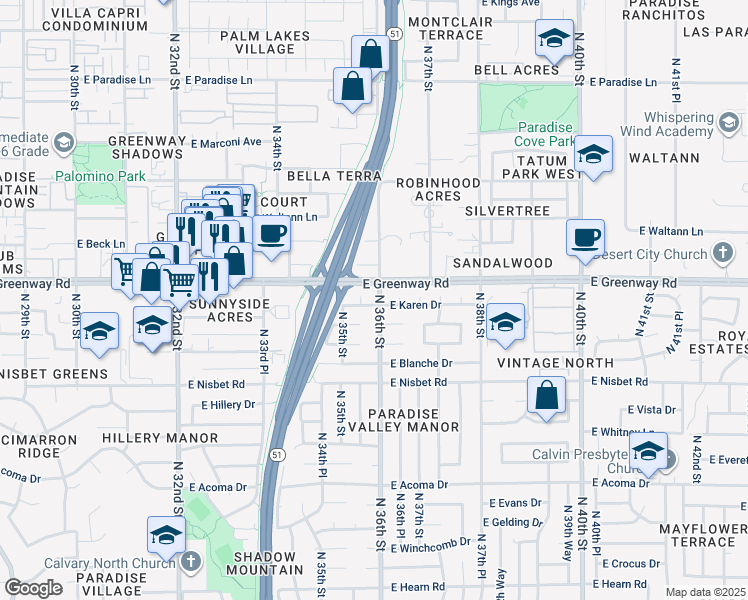 map of restaurants, bars, coffee shops, grocery stores, and more near 15244 North 36th Street in Phoenix