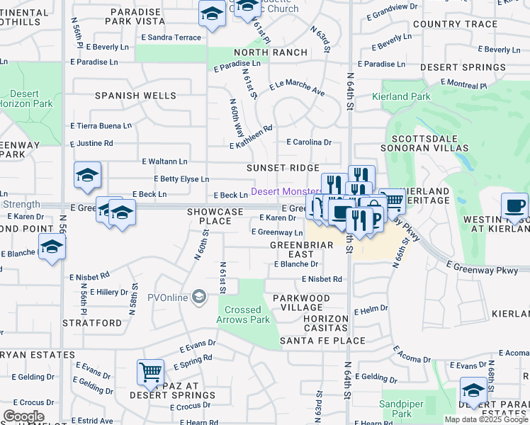 map of restaurants, bars, coffee shops, grocery stores, and more near 6160 East Karen Drive in Scottsdale