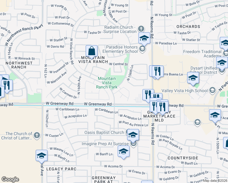 map of restaurants, bars, coffee shops, grocery stores, and more near 15520 North 156th Lane in Surprise