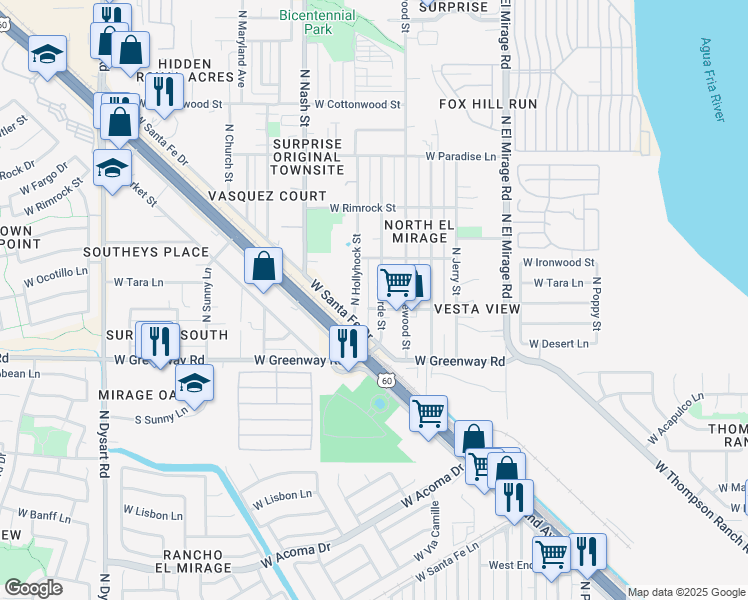 map of restaurants, bars, coffee shops, grocery stores, and more near 14318 West Ocotillo Street in Surprise