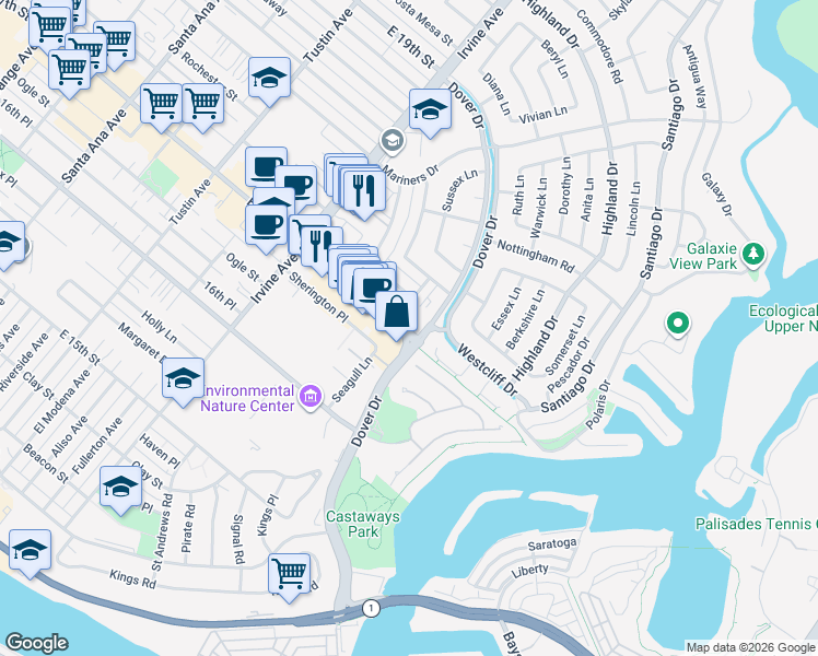 map of restaurants, bars, coffee shops, grocery stores, and more near 1504 Westcliff Drive in Newport Beach
